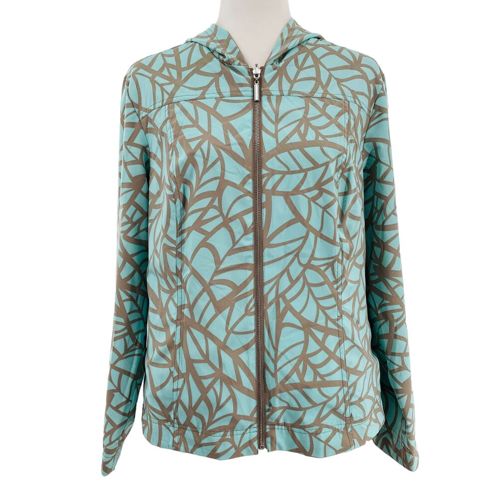 Peck & Peck Weekend Aqua Tan Vine Pattern Reversible Nylon Jacket Women Sz L